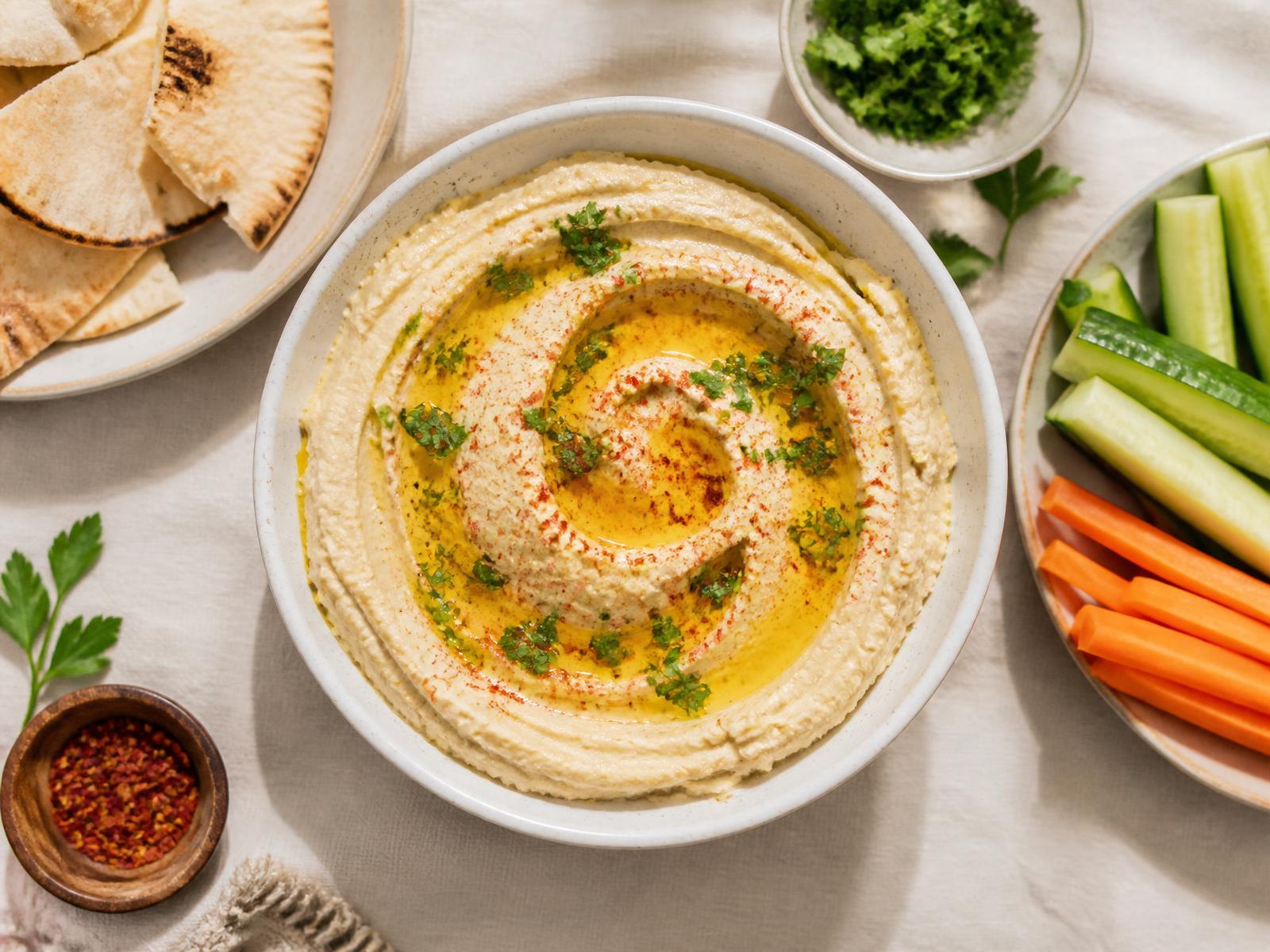 Bowl of Brisa Foods hummus with olive oil, paprika, pita and fresh vegetables